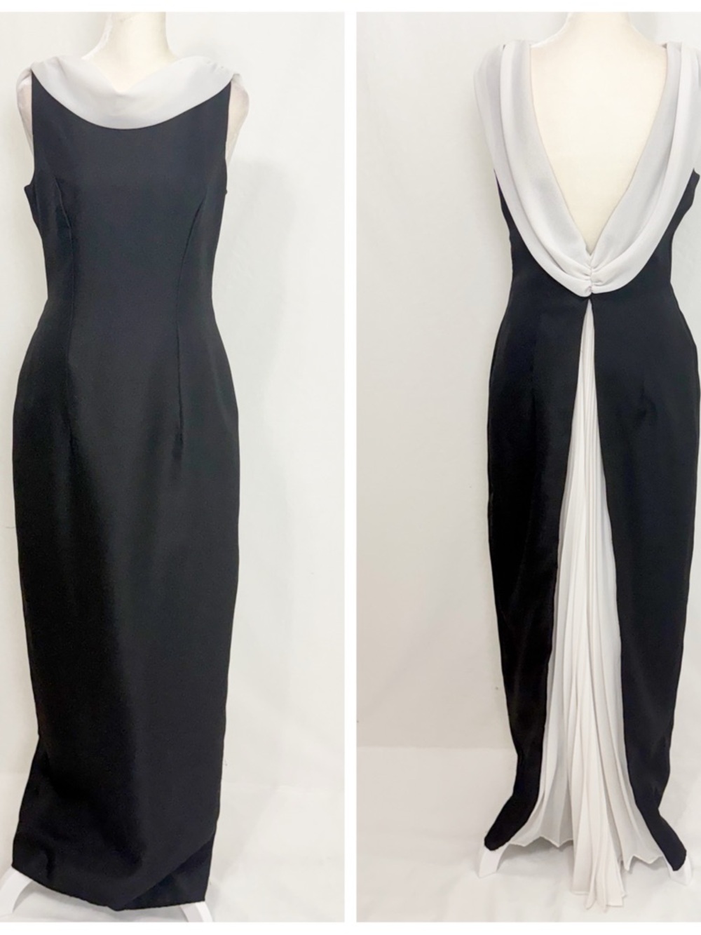 Vintage Bill Levkoff Black & White Cowl Back Evening Gown